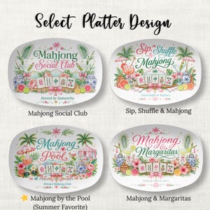 May include: Four oval platters with different Mahjong-themed designs. Each platter features colorful illustrations of Mahjong tiles, tropical drinks, and floral arrangements. Text includes "Mahjong Social Club," "Sip, Shuffle & Mahjong," "Mahjong by the Pool," and "Mahjong & Margaritas."