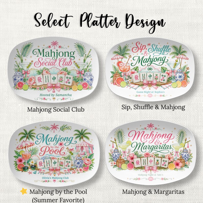 May include: Four oval platters with different Mahjong-themed designs. Each platter features colorful illustrations of Mahjong tiles, tropical drinks, and floral arrangements. Text includes "Mahjong Social Club," "Sip, Shuffle & Mahjong," "Mahjong by the Pool," and "Mahjong & Margaritas."