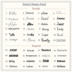 May include: A chart displaying various name fonts, including script and regular styles. The script fonts feature elegant, flowing designs, while the regular fonts offer a more straightforward appearance. Each font is demonstrated with a selection of names, numbered for easy reference.