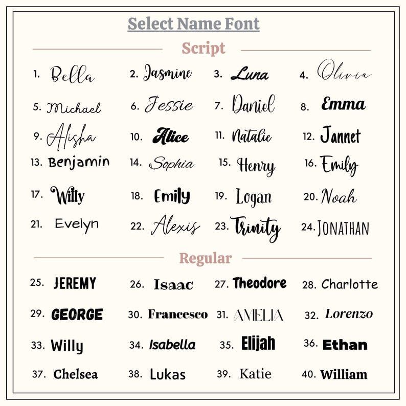 May include: A chart displaying various name fonts, including script and regular styles. The script fonts feature elegant, flowing designs, while the regular fonts offer a more straightforward appearance. Each font is demonstrated with a selection of names, numbered for easy reference.
