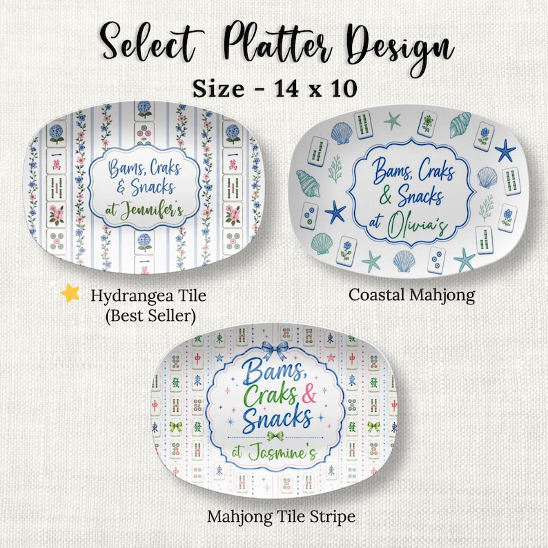 Puede incluir: Tres bandejas ovaladas de 14 por 10 pulgadas, cada una con un marco decorativo central con texto personalizado. Los dise&ntilde;os incluyen rayas de hortensias azules, fichas de mahjong costeras con conchas y un patr&oacute;n de rayas de fichas de mahjong.