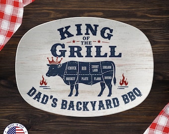 Dads Grilling Plate, Personalized BBQ Platter, King of the Grill, Unbreakable Serving Dish, Unique Gift for Dad, Father's Day Gift
