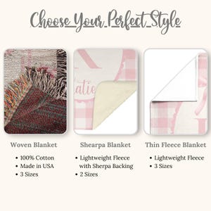 May include: Image displaying three blanket types: a woven blanket, a Sherpa blanket, and a thin fleece blanket. The woven blanket has a fringed edge. The Sherpa blanket features a pink gingham pattern and a white Sherpa backing. The thin fleece blanket has a pink bow design.