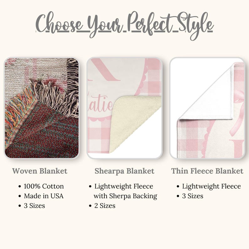 May include: Image displaying three blanket types: a woven blanket, a Sherpa blanket, and a thin fleece blanket. The woven blanket has a fringed edge. The Sherpa blanket features a pink gingham pattern and a white Sherpa backing. The thin fleece blanket has a pink bow design.