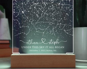 Mapa estelar personalizado por fecha, luz nocturna con mapa estelar, mapa de constelaciones personalizado, cielo nocturno por fecha, regalo de compromiso para él y para ella