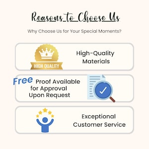May include: An infographic with the text "Reasons to Choose Us" and "Why Choose Us for Your Special Moments?" The graphic highlights "High-Quality Materials," "Free Proof Available," and "Exceptional Customer Service."