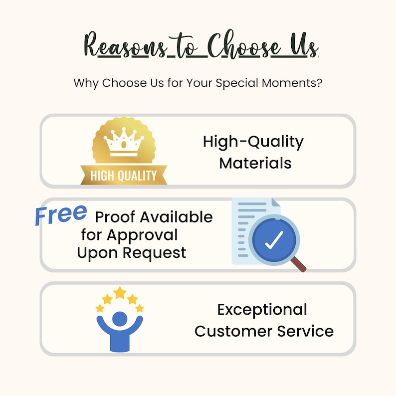 May include: An infographic with the text "Reasons to Choose Us" and "Why Choose Us for Your Special Moments?" The graphic highlights "High-Quality Materials," "Free Proof Available," and "Exceptional Customer Service."