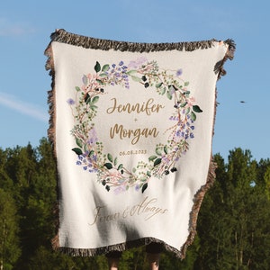 Cotton Anniversary Blanket Gift, Personalized Throw for Couple, Floral Name Blankets, Wedding Gift, Customized Mr and Mrs  Newly Wed Gifts
