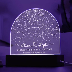 Mapa estelar personalizado por fecha, mapa de constelaciones personalizado, luz nocturna con mapa estelar, regalos para parejas, regalos de compromiso, regalo de aniversario para ella