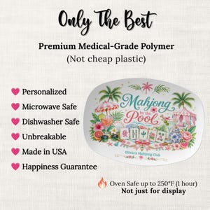 May include: White oval serving platter with a colorful "Mahjong by the Pool" design. The design includes palm trees, cocktails, and mahjong tiles. The platter is made in the USA and is microwave and dishwasher safe.