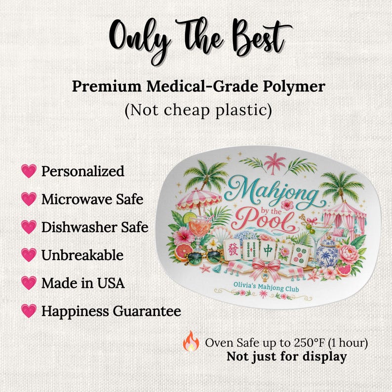 May include: White oval serving platter with a colorful "Mahjong by the Pool" design. The design includes palm trees, cocktails, and mahjong tiles. The platter is made in the USA and is microwave and dishwasher safe.