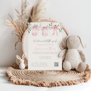 Twin Girls Baby Shower Invitation Template | Editable Pink Onesies Design | Instant Download, Girl Twins Baby Sprinkle, Printable