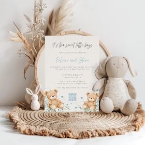 Twin Boy Baby Shower Invitation | Blue Stars & Teddy Bear Theme | Editable Template | Instant Download | Printable Baby Shower