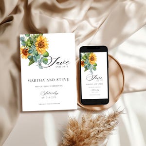 Modello Save the Date con girasole ad acquerello: elegante matrimonio autunnale (Canva modificabile, download digitale)
