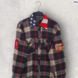 Vintage 90s usa plaid fleece shirt – american flag collar patch check overshirt buon amico
