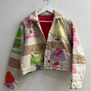 Upcycled patchwork quilted jacket – vintage fabric folk jacket – colorful handmade cottagecore coat – one of a kind
