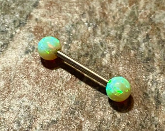 1 or2 LIME Green OPAL barbell tongue ring lip ring rook bridge nipple ring industrial 316L surgical steel 14g 8mm thru 38mm, 5mm ball ends.