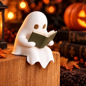 Könnte beinhalten: Eine weiße Geisterfigur mit glatten, abgerundeten Zügen, die sitzt und ein offenes grünes Buch hält. Der Geist hat zwei kreisförmige Aussparungen für die Augen und steht auf einer Holzoberfläche, mit einer einfachen, soliden Form.