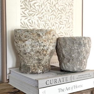 May include: Two textured, gray stone planters of varying sizes sit atop a stack of books with the titles "Curate" and "The Art of Home." The background features a framed print with a beige botanical pattern.
