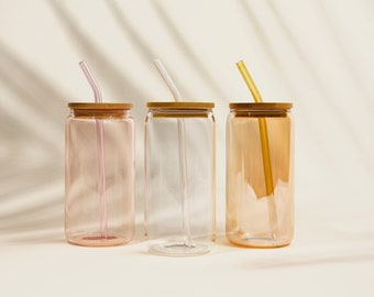 Can Glass Cup with Bamboo Lid, Glass Coffee Cup with Lid & Straw, Glass Tumbler with Straw, housewarming  Bachelorette gift, Birthday Gift