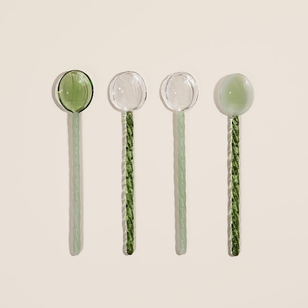 Handblown Glass Stirring Spoons, 4x Spoons Mixing Coffee Tea Drink, Cute Stirring Sticks, Transparent & Reusable Housewarming gifts