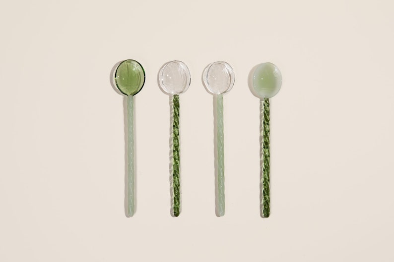 Handblown Glass Stirring Spoons, 4x Spoons Mixing Coffee Tea Drink, Cute Stirring Sticks, Transparent & Reusable Housewarming gifts image 1