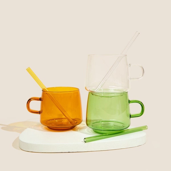 Glass mug with handle stackable Glass Mug Drinkware Borosilicate Glass Mug Elegant cup Green Cup amber cup Gift idea housewarming present