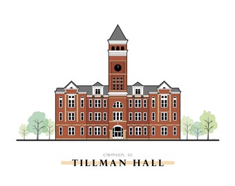 Clemson Print; Tillman Hall; Clemson Illustration; Choose Size 5x7, 8x10; Clemson Artist; Clemson University; Memorabilia