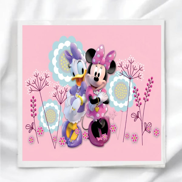 Fabric Panel, Minnie and Daisy Quilt Block, Fabric Square, Quilt Panel, Digital Image Printed on Fabric