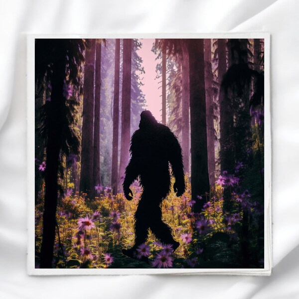 Fabric Panel, Bigfoot Forest Scene Quilt Block, Fabric Square, Quilt Panel, Digital Image Printed on Fabric