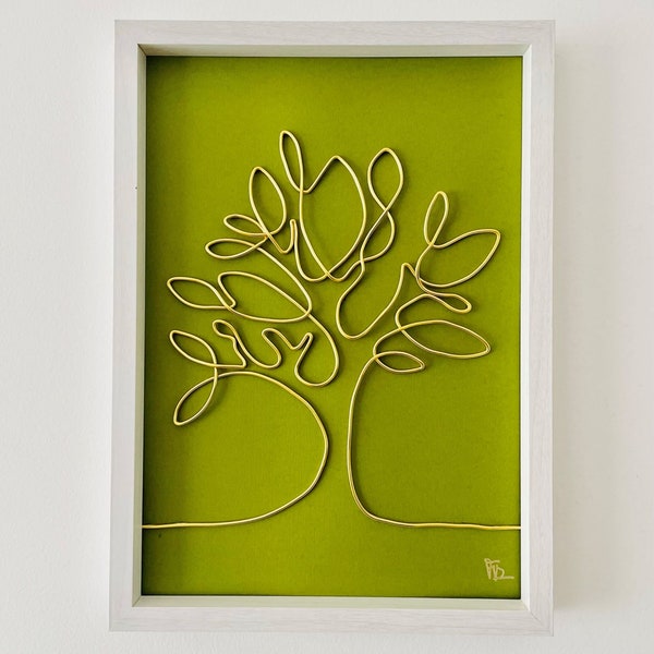 Cadre - Déco Murale - Silhouette d'un arbre en fil d'aluminium doré