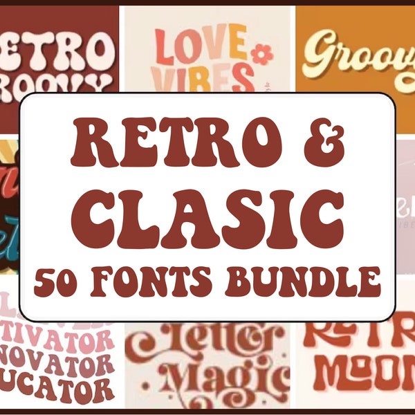 50 RETRO FONT BUNDLE, Groovy Font, Font Bundle, Retro Font, Vintage Font, Cricut Font, commercial use, 70s Font, Font Svg, Font TTf,