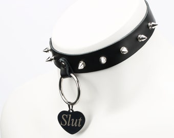 Collar de gargantilla con púas de cuero PERSONALIZADO Collar punk gótico con etiqueta