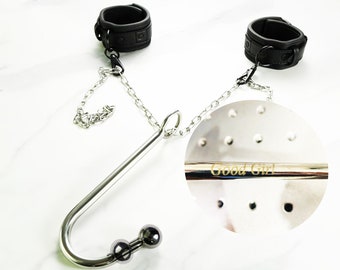 Custom BDSM Anal Hook With Handcuffs, Butt Hook,Adjustable PU Leather Handcuffs With Stainless Steel Chain