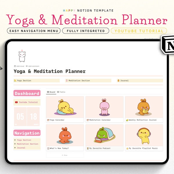 Yoga and Wellness Notion Template, Meditation Habit Tracker, Digital Daily Planner, Gratitude Journal