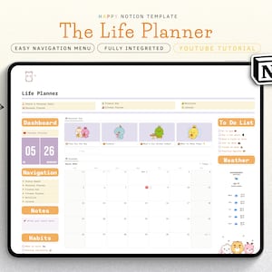 Peut inclure: Un modèle de planificateur de vie numérique pour Notion, comprenant un calendrier, une liste de tâches, des notes et des sections d'habitudes. Le modèle a un schéma de couleurs rose pâle et jaune avec de jolies illustrations de dessins animés.