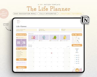 May include: A digital life planner template for Notion, featuring a dashboard with a calendar, to-do list, and notes sections. The template is designed with a cute cartoon theme and includes 237 graphics.