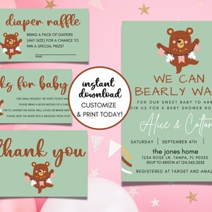 Teddy Bear Baby Shower Invitation Bundle, Teddy Bear Baby Shower Invitation, Girl Baby Shower, Editable Invitation, Diaper Raffle Ticket
