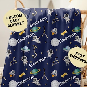 Weltraum Baby Jungen Decke mit Namen, Astronaut Baby Shower Geschenk, benutzerdefinierte Neugeborenen Weltraum Kinderzimmer Dekor