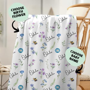 Custom Birthflower Gift for Baby Girl, Personalized Name Blanket, Newborn Flower Blanket, Floral Baby Blanket with Name, Nursery Blanket