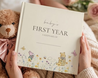 Bear Baby Book First Year, Newborn Milestone Photo Album with Wildflowers, Keepsake Memory Journal, New Baby Gift