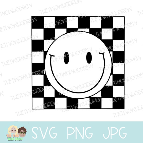 Checkered Smiley Face SVG, Retro 70s Groovy Happy Face SVG for Girls Hoodie, Simple Smiley Face Outline Vector File, Checker Pattern SVG