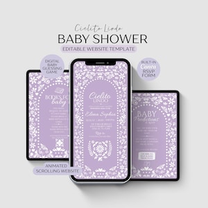Może przedstawiać: Cyfrowy szablon strony internetowej na baby shower na smartfonie, tablecie i czytniku e-booków. Projekt zawiera lawendowe tło z białymi kwiatowymi wzorami i tekstem "Cielito Lindo BABY SHOWER". Zawiera cyfrową grę w zgadywanie dziecka i formularz RSVP Canva.