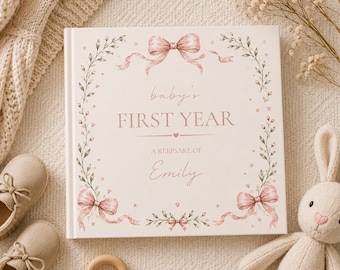Libro fotografico per il primo anno del bambino con fiocco rosa, album fotografico mensile per neonati Coquette, regalo per neonato
