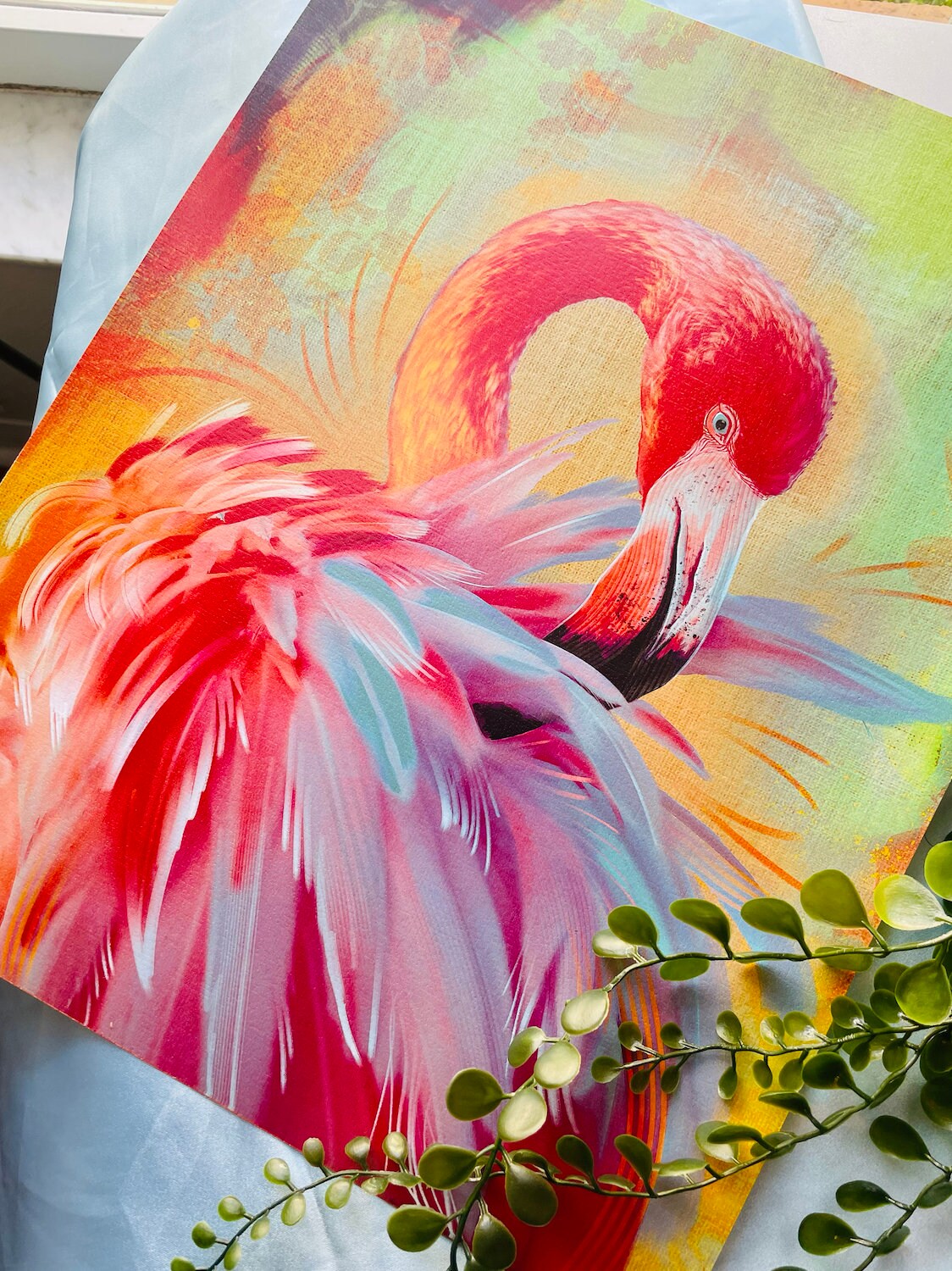 Abstract Painting of a Pink Flamingo Digital Oil Painting Hand