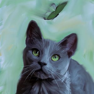Tableau chat gris et papillon, fichier d'impression d'art mural Yeux jaunes ou yeux verts