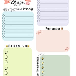 May include: A digital planner page titled ADHD Brain Dump with sections for High Priority To Do, Low Priority To Do, Follow Up, Remember, and Random Thoughts/Ideas. The layout features pastel colored boxes with icons like lightbulbs and bells.