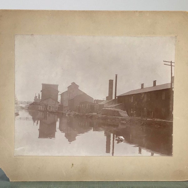 Vintage c.1800s Industrial Landscape Photo - Albumen Print, Cabinet Card, Factory, Canal, Victorian Industry, Workmen, Vintage Loft Decor