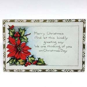 Postal navideña vintage en relieve - Feliz Navidad, Saludos Navideños, Poinsettia, Holly Leaves & Berries, Whitney Made, Worcester MA