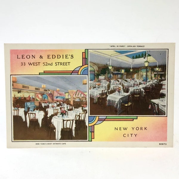 Jaren 1940 Linnen ansichtkaart - Leon &Eddie's New York City Nightclub Cafe Restaurant Burlesque Club - Art Deco Design, MCM Advertising Card